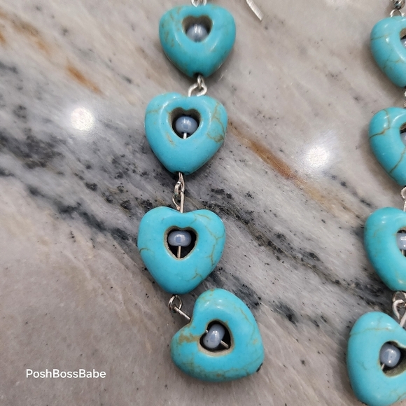 Long Turquoise Heart Drop Earrings – 4" Boho Statement Dangles - Picture 4 of 6